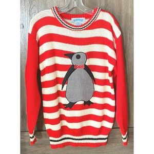 Vintage BIBESCO Red & White Striped PENGUIN Sweater Size Medium 100% Acrylic